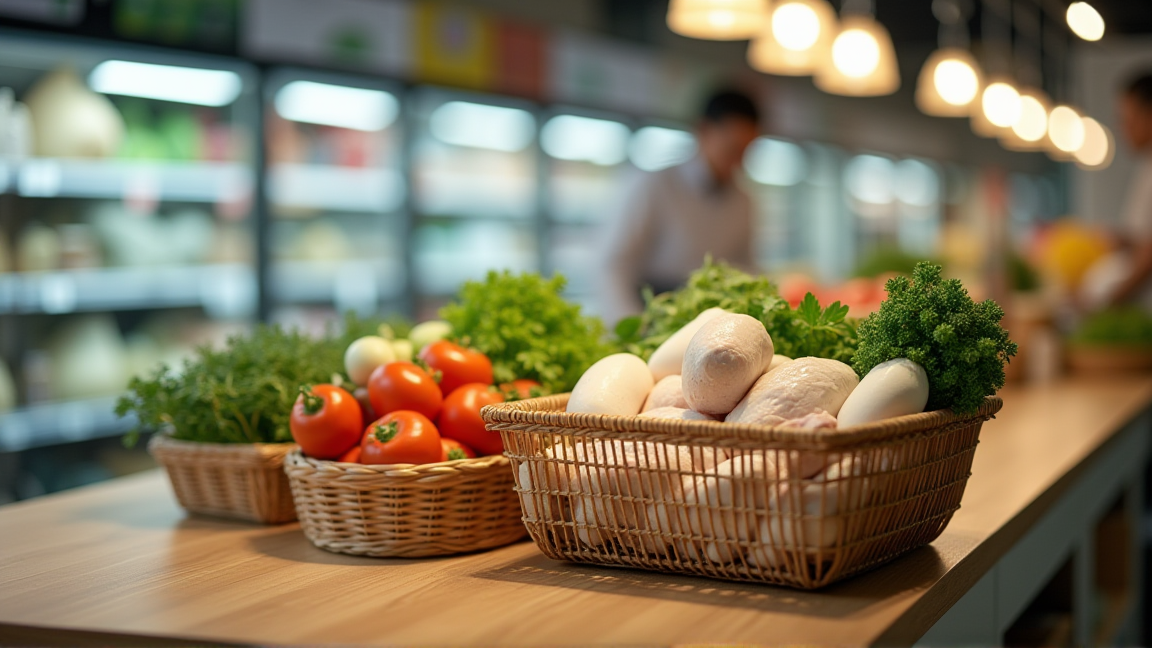 スーパーの買い物かごに入った野菜や肉