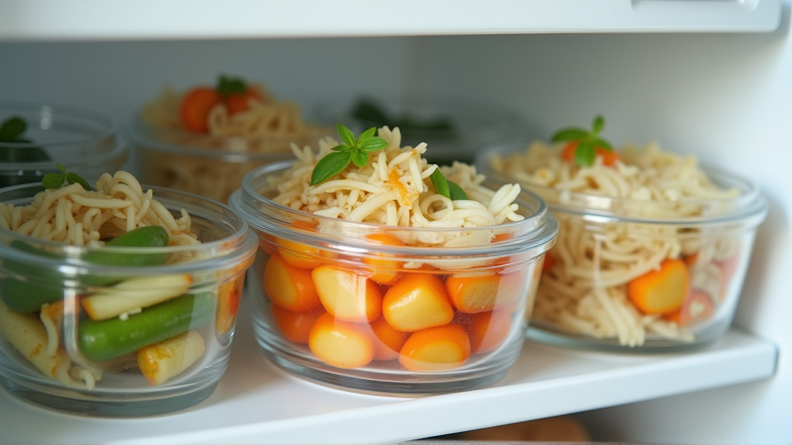 作り置きの副菜が入った保存容器が並ぶ冷蔵庫内