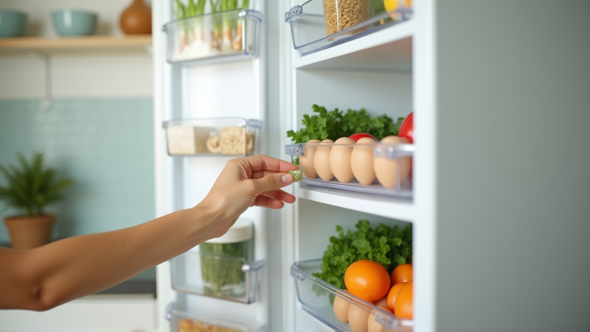 冷蔵庫の中身を確認している手元