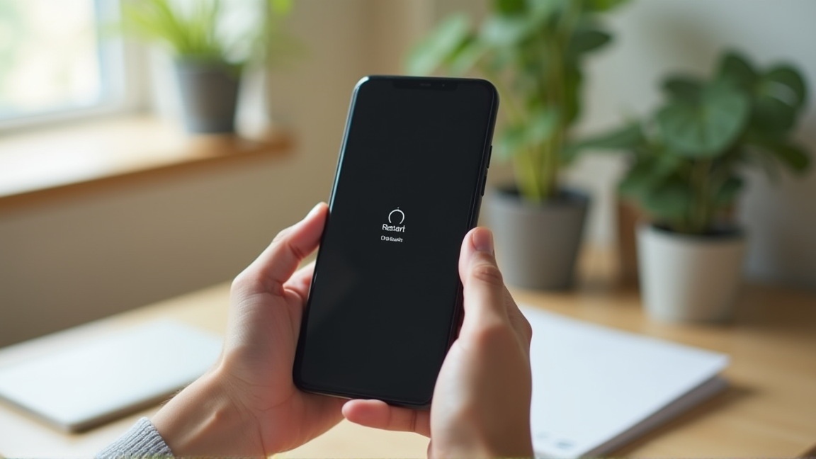 スマホを再起動している手元