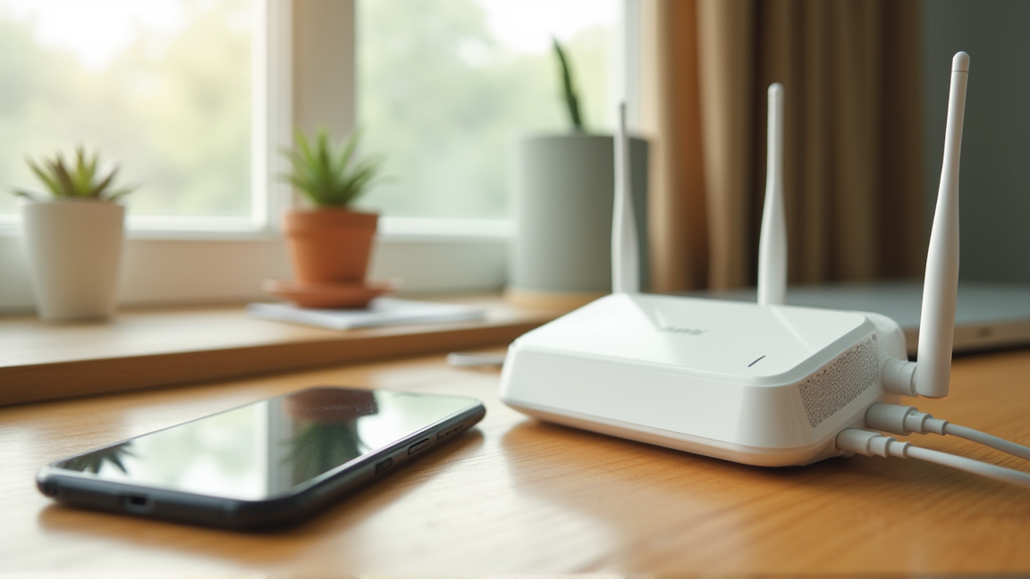 デスクの上にスマホとルーターが並んでいる