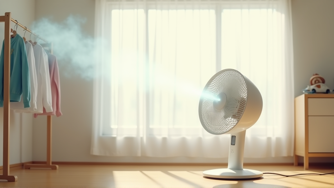 サーキュレーターで部屋干しの洗濯物に風を当てている様子