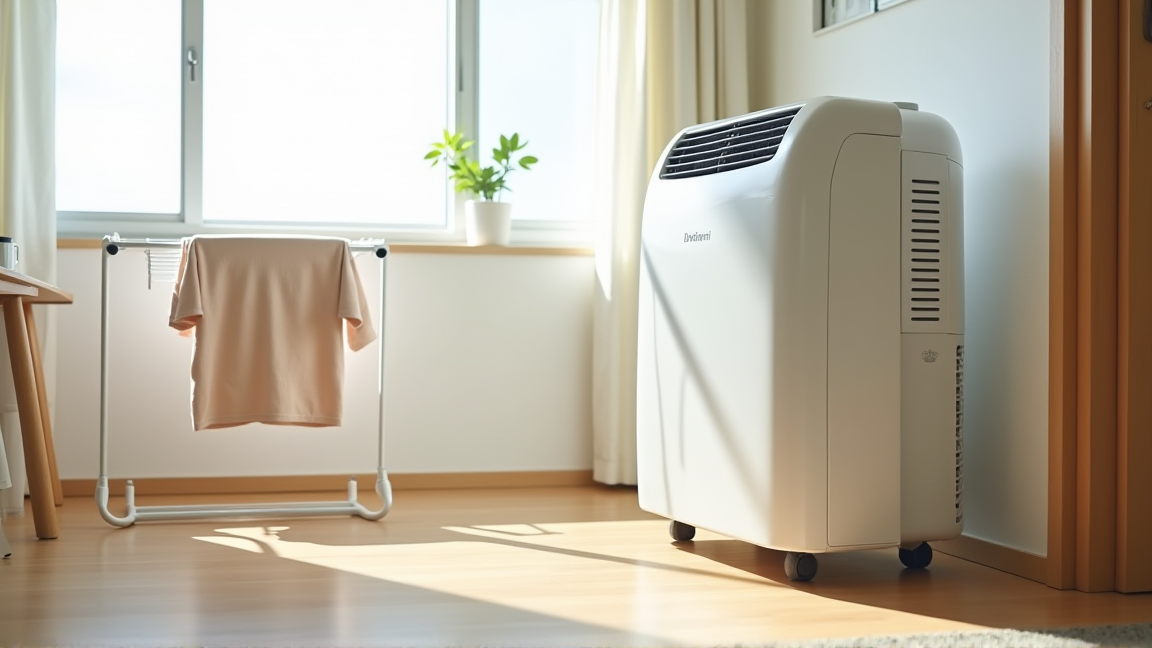 除湿機が稼働する部屋で干されている洗濯物