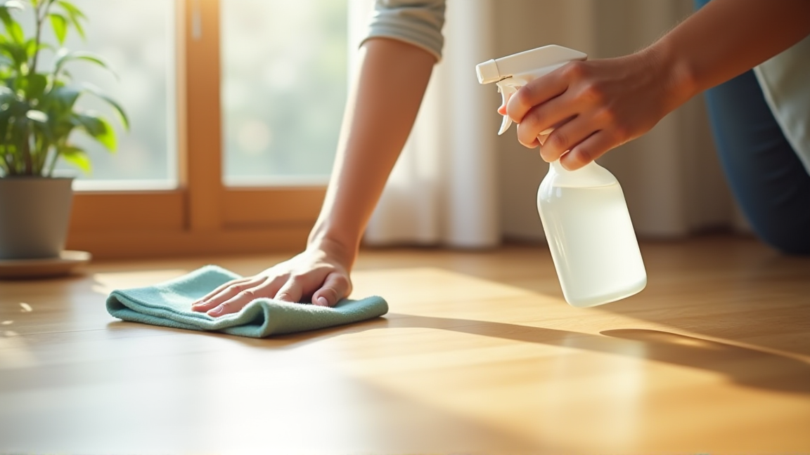セスキ水スプレーでフローリングを掃除する手元