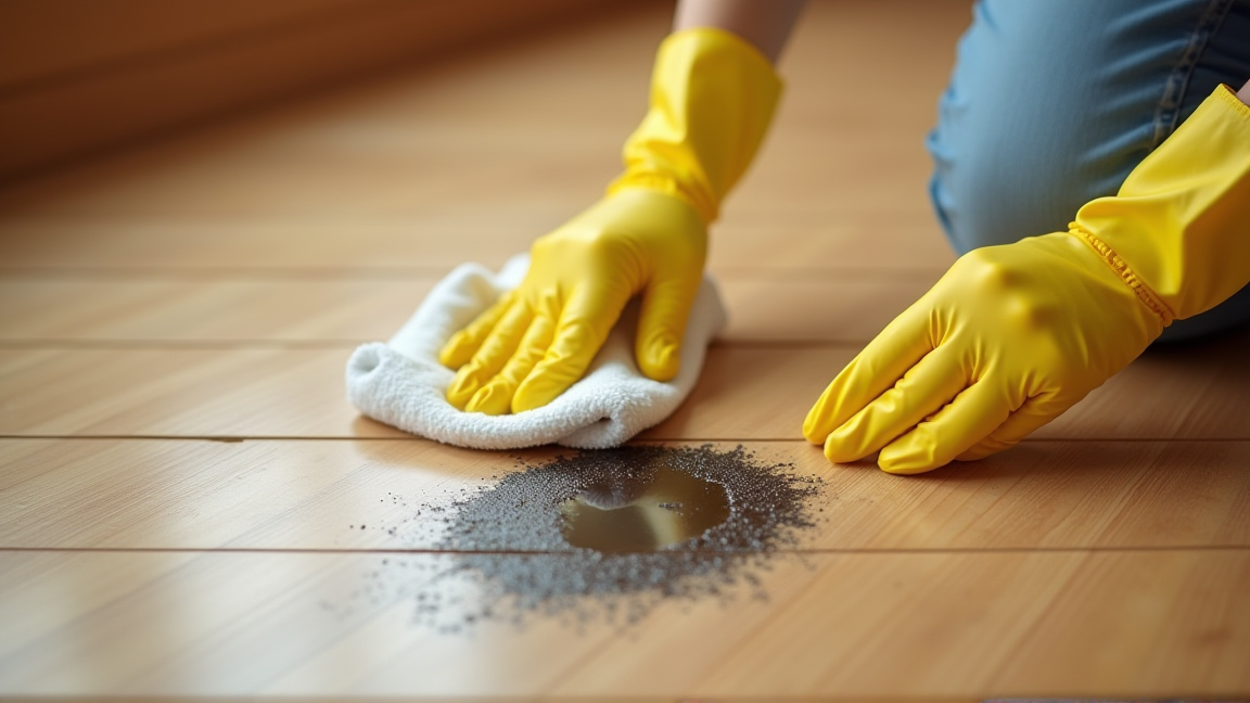 フローリングのカビをエタノールで拭いている様子