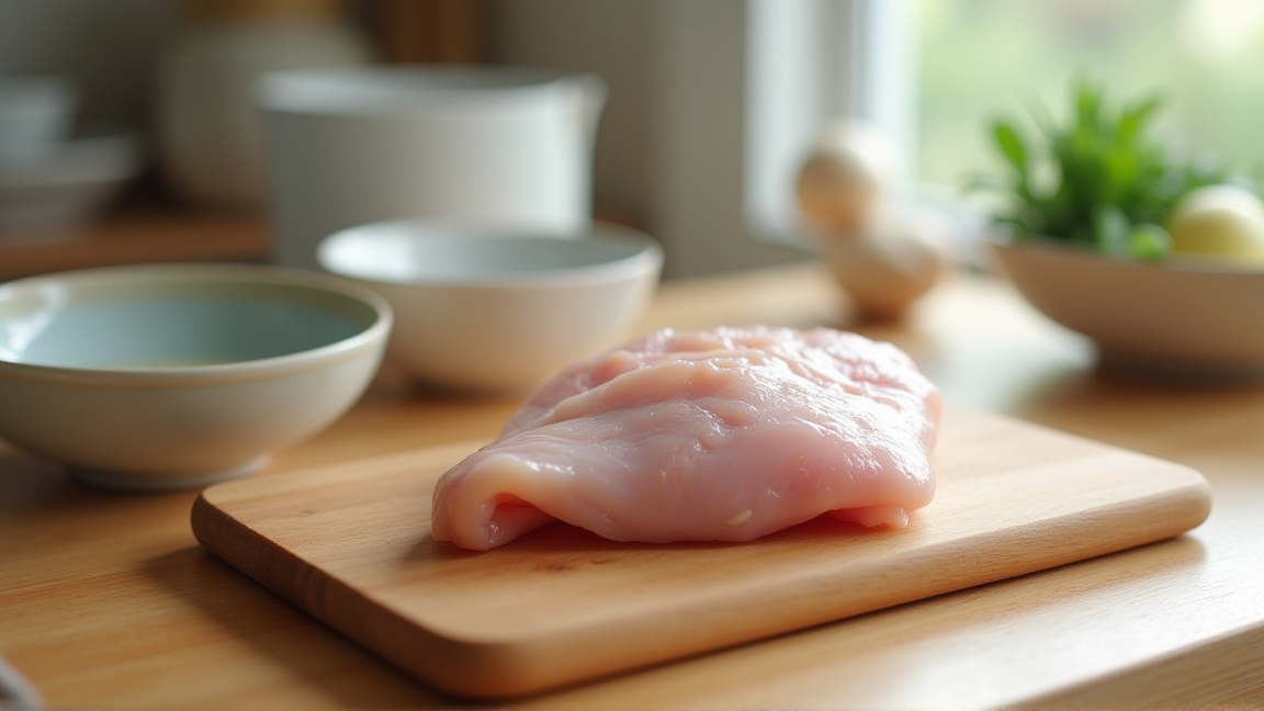 新鮮な鶏むね肉がまな板の上に置かれている様子