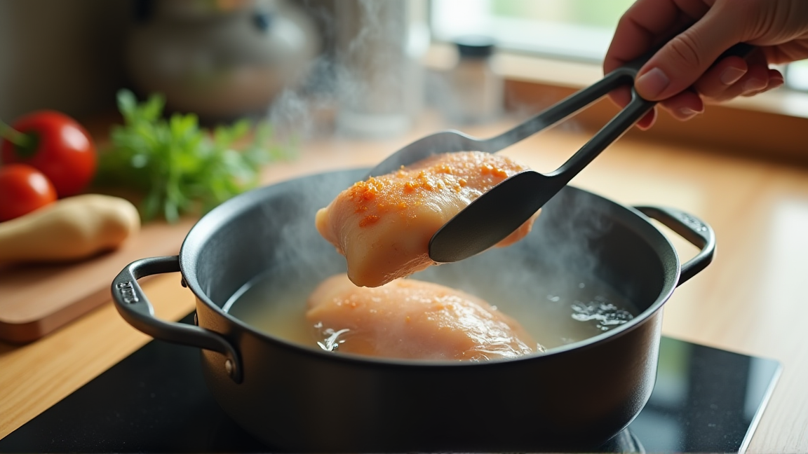 鍋でお湯を沸かして鶏むね肉を入れるところ