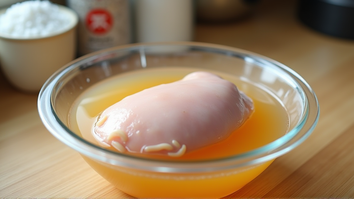 ブライン液に漬けている鶏むね肉