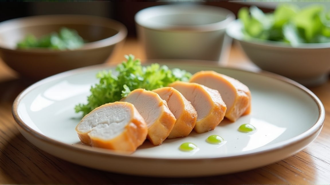 スライスしたしっとり茹で鶏がお皿に盛り付けられている