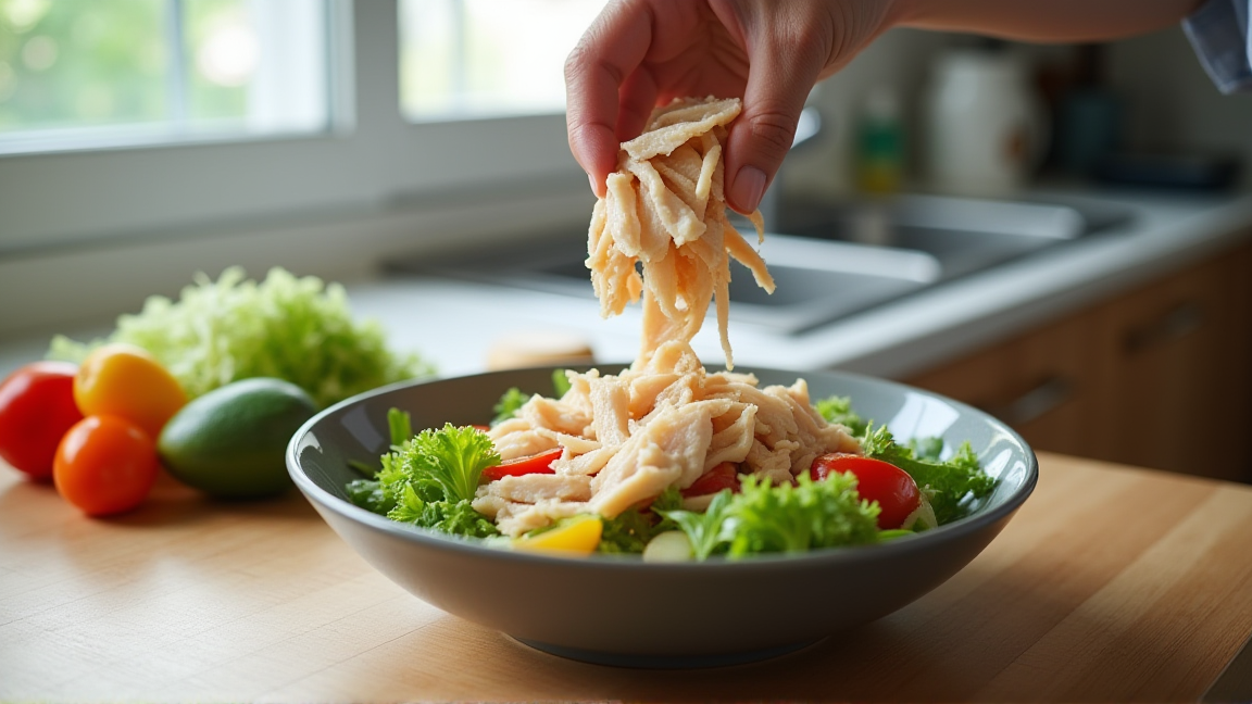 茹で鶏をほぐしてサラダに使っている様子