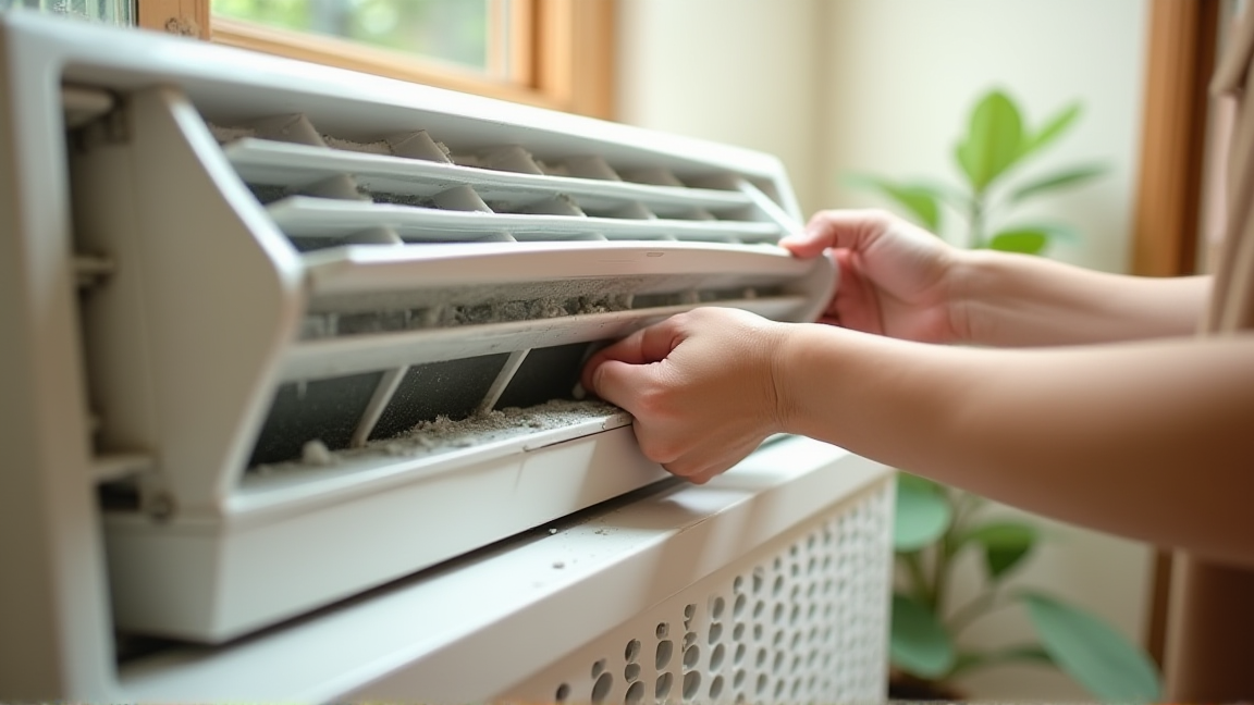 エアコンのフィルターを取り外して掃除する手元
