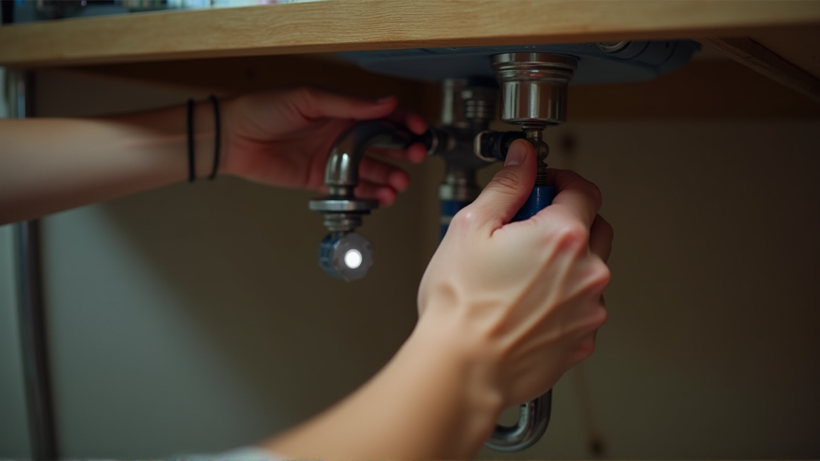 シンク下の止水栓を閉める手元