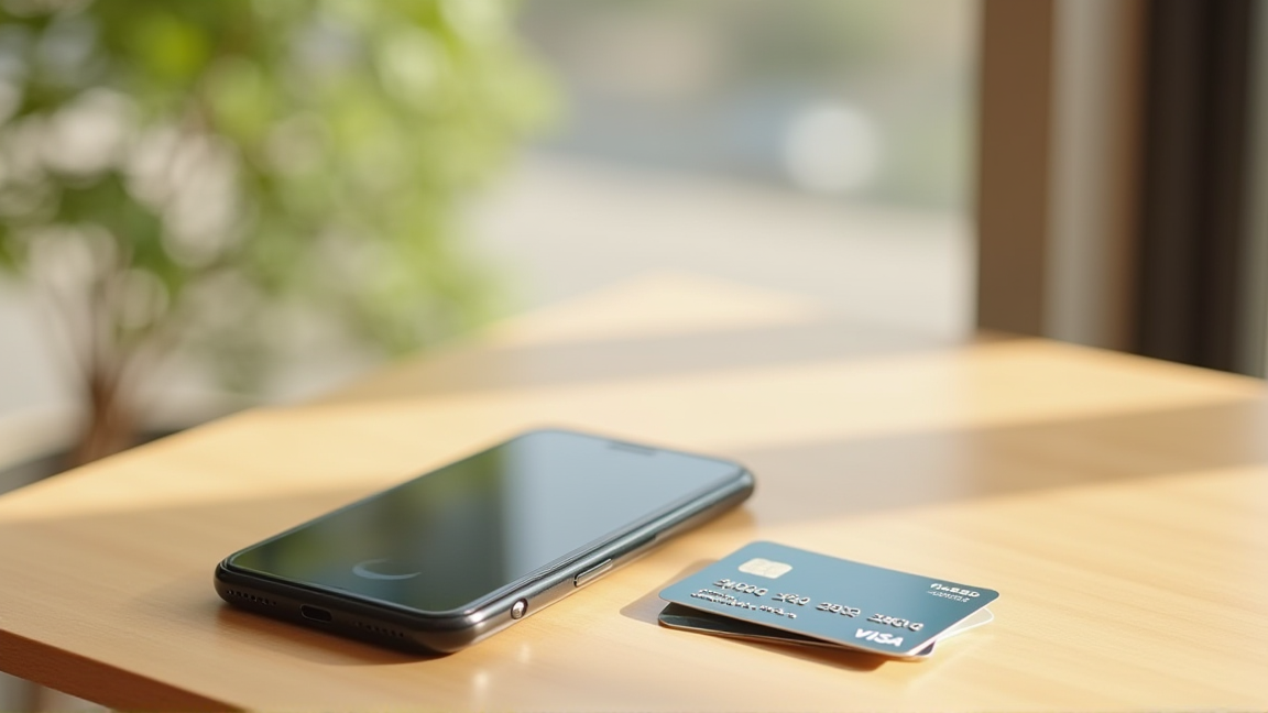 テーブルに並んだスマートフォンとクレジットカード