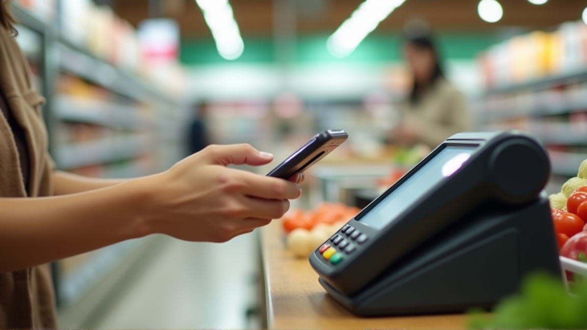 スーパーのレジ付近でスマートフォン決済をする手元