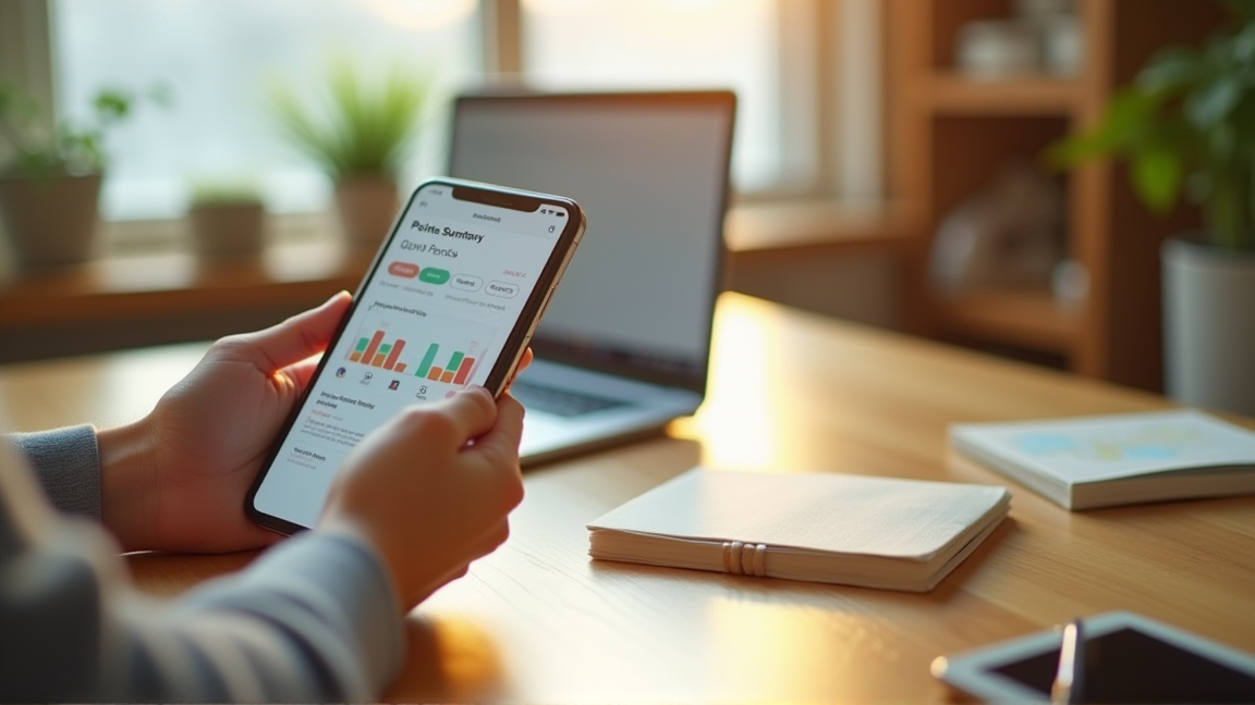 家のデスクでポイント明細をスマートフォンで確認する手元