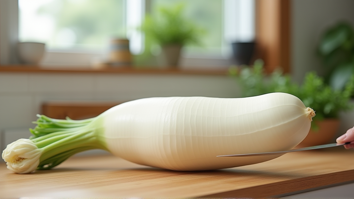 大根の葉を包丁で根元から切り落としているキッチンの様子