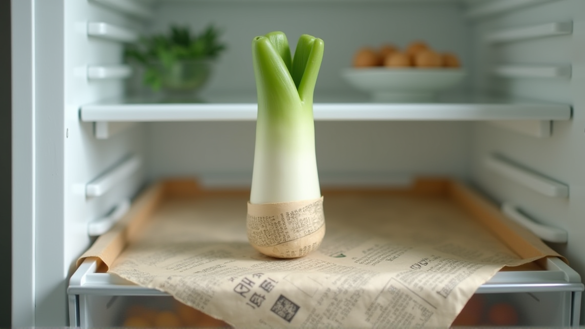 新聞紙で包まれた大根が冷蔵庫の野菜室に立てて入っている様子