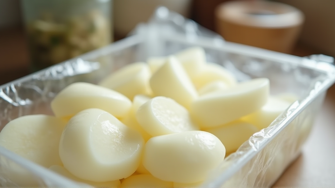 カットされた大根の断面にラップを密着させてタッパーに入れている様子