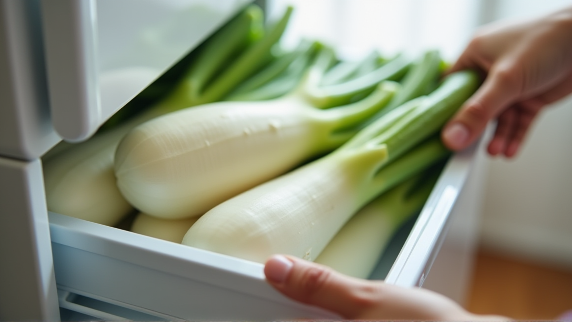 冷蔵庫の野菜室を開けて大根の状態を確認している手元の様子