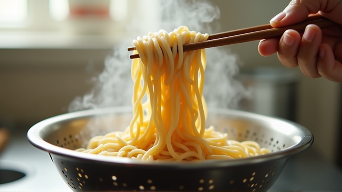 茹でたうどんをザルで水切りしているキッチンの様子