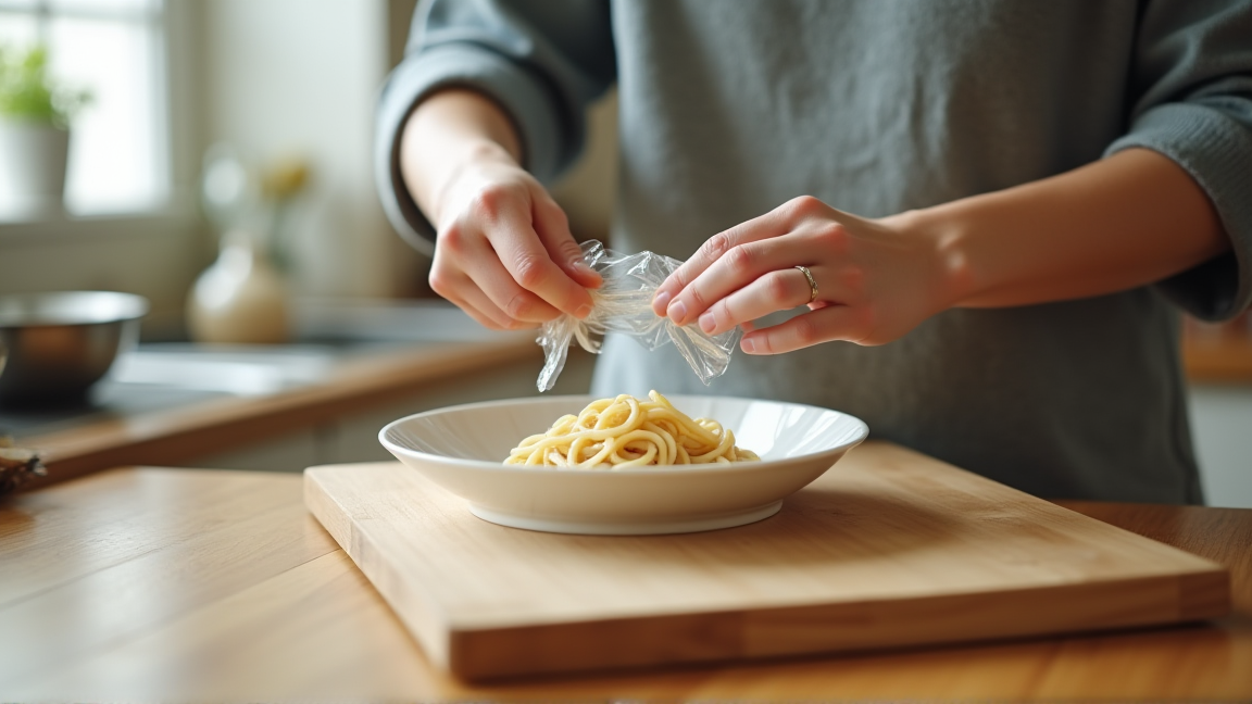 うどんを1食分ずつラップで包んでいる手元の様子