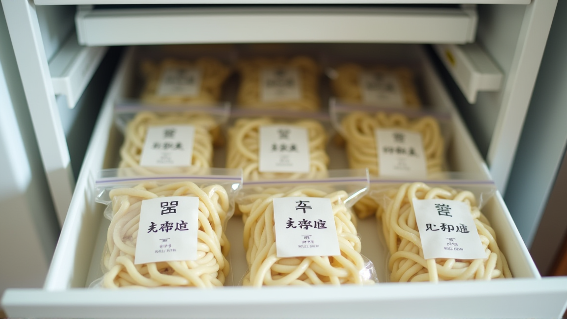 冷凍庫に整理して保存されたうどんの袋