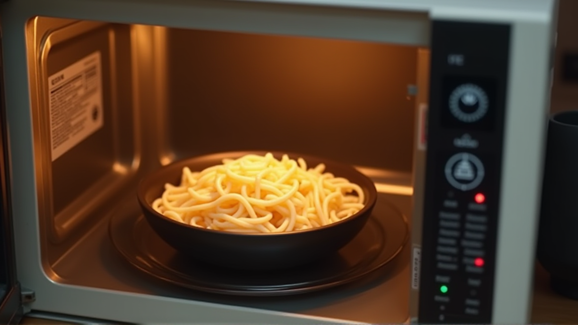 電子レンジでうどんを解凍している様子