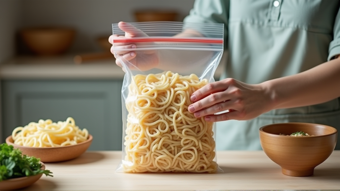 キッチンでうどんの保存を確認している手元