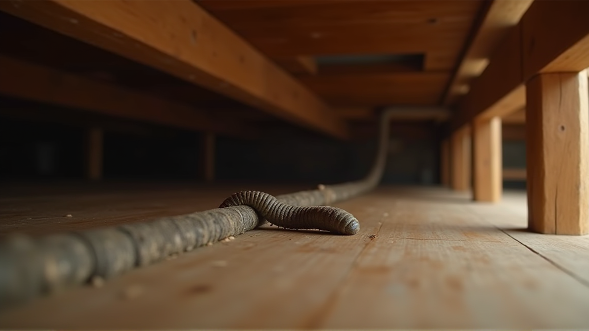 床下の木材に蟻道が這っている様子