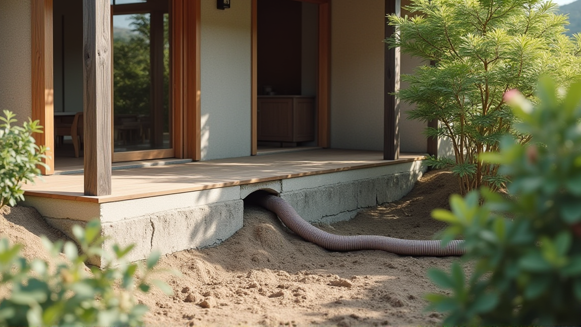 住宅の基礎コンクリートに蟻道が走っている外観