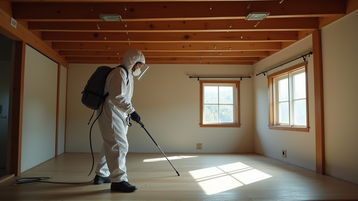 専門業者が床下でシロアリ防除作業をしている様子