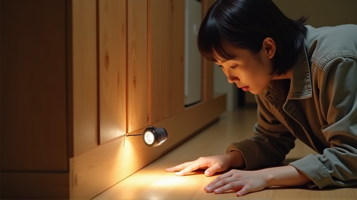 木造住宅の床板を持ち上げて床下を懐中電灯で照らす様子