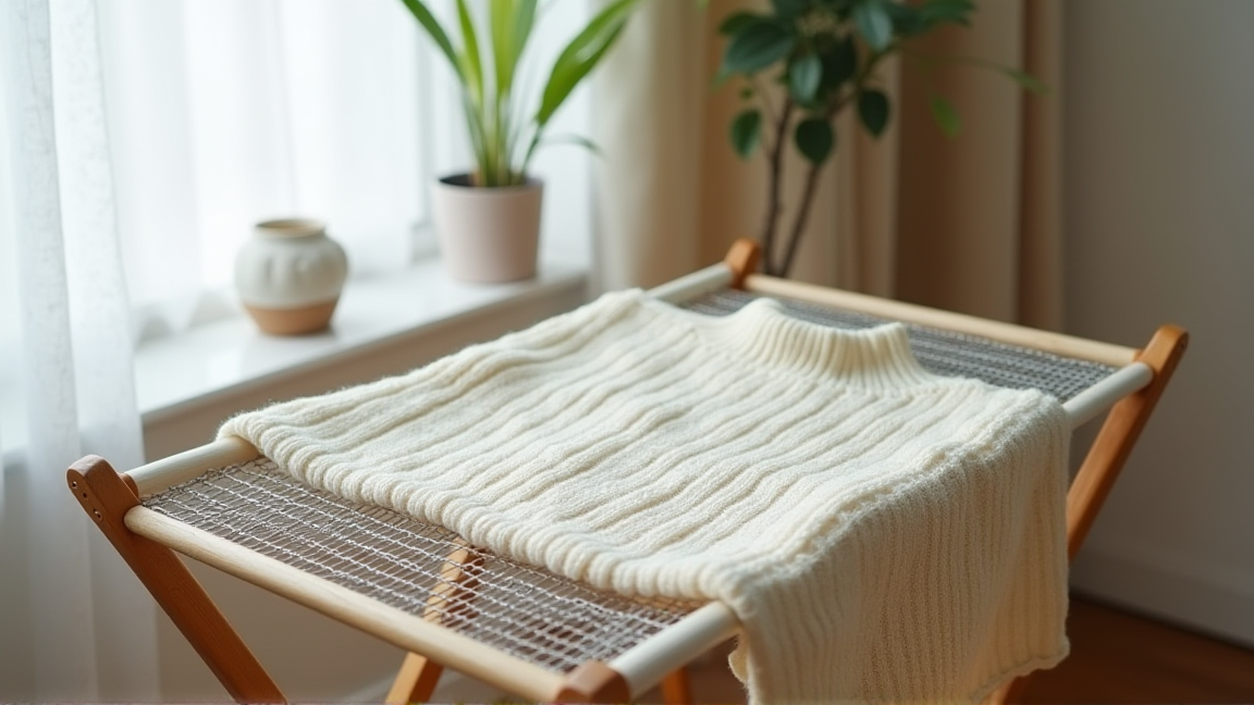 セーターを平干しネットで乾かしている様子