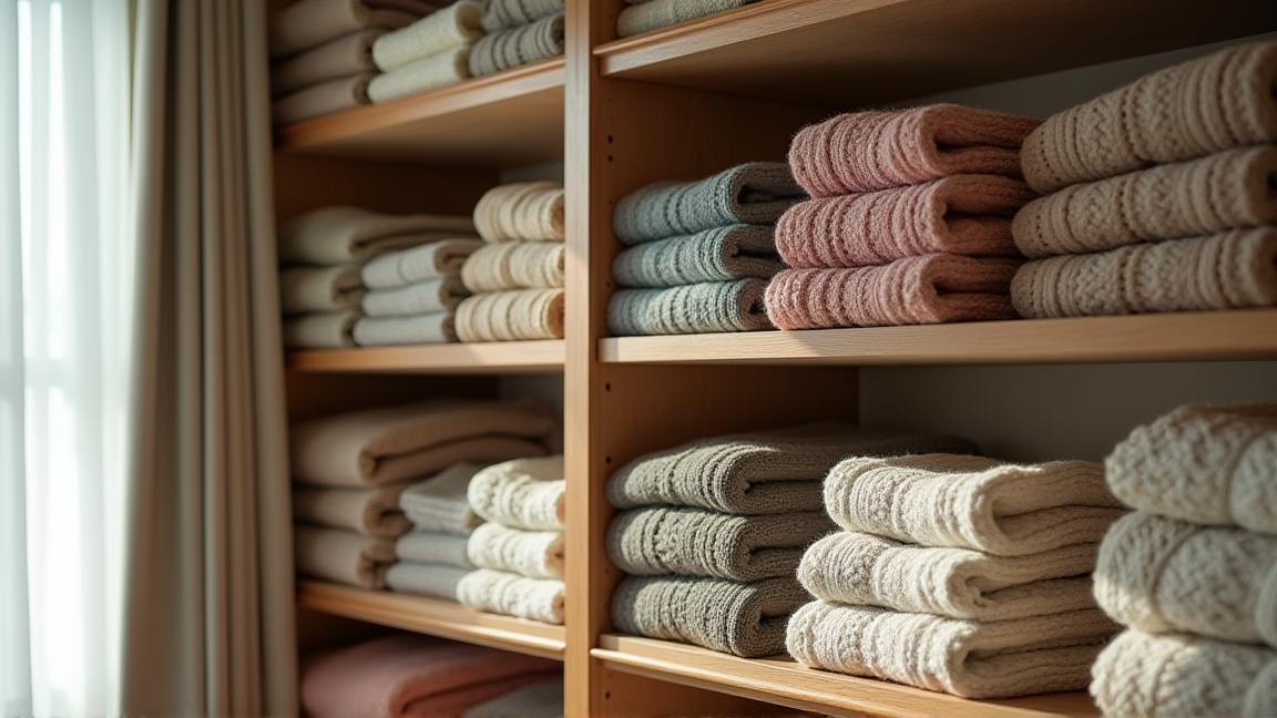 異なる素材のセーターが並んでいるクローゼット