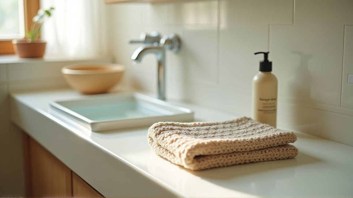 洗面台に洗濯用品とセーターが並んでいる様子