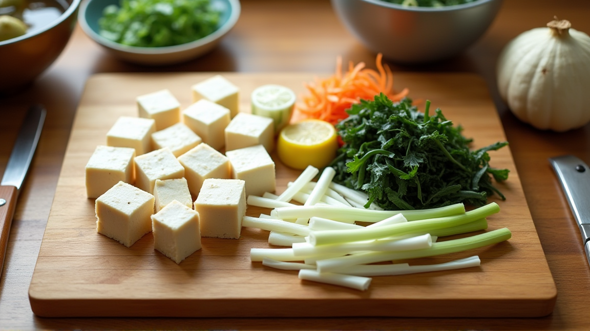 味噌汁の具材が並んだまな板の上の様子