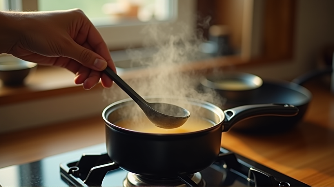 鍋で味噌汁を温め直している手元の様子