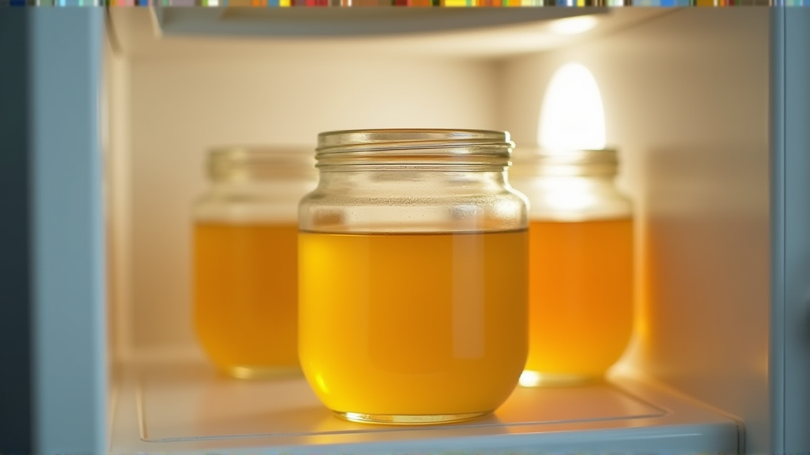 ガラス瓶に入った黄金色の出汁が冷蔵庫に保存されている様子