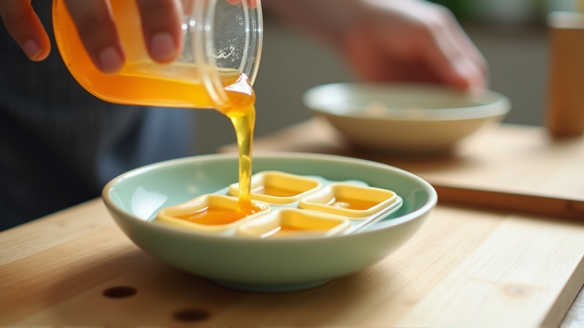 製氷トレーに出汁を注いで冷凍準備をしている手元