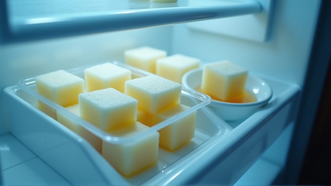 出汁キューブが冷凍庫のトレーに整然と並んでいる様子