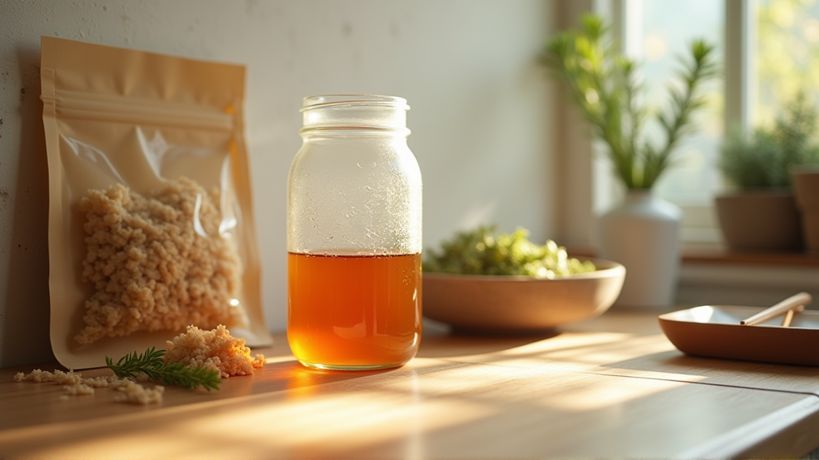 出汁が入った保存容器と出汁素材がキッチンカウンターに並んでいる様子