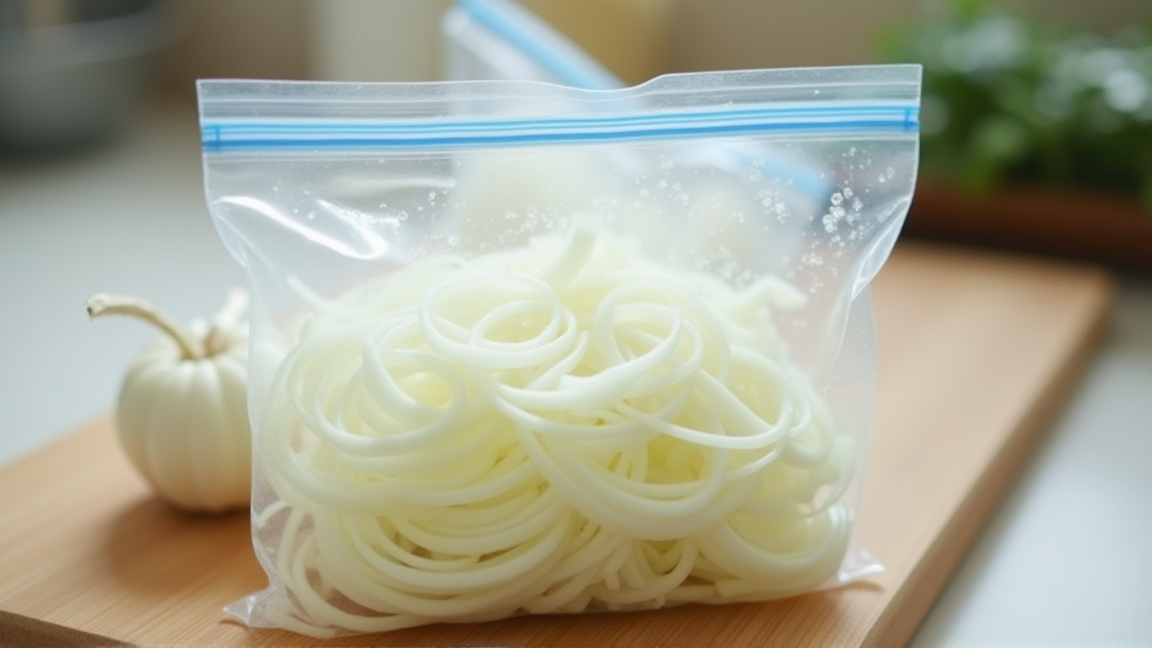 冷凍された薄切り玉ねぎがジッパー袋に入っている様子