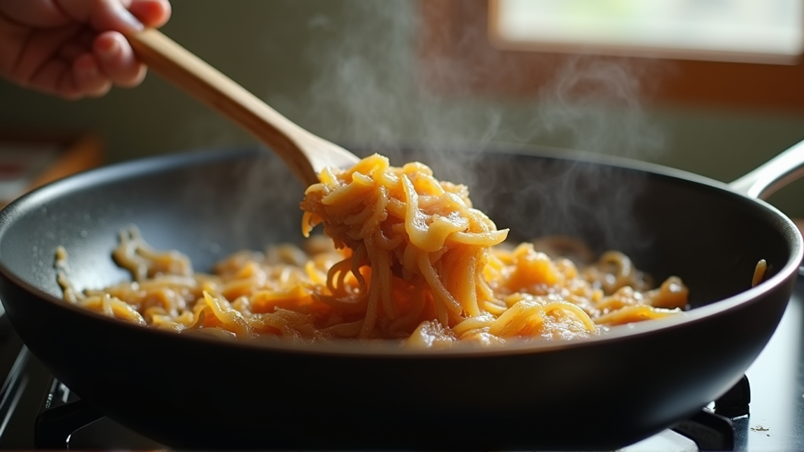 フライパンで飴色になりかけの玉ねぎを炒めている手元