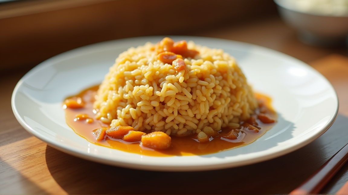 飴色玉ねぎが入ったカレーを盛り付けている様子