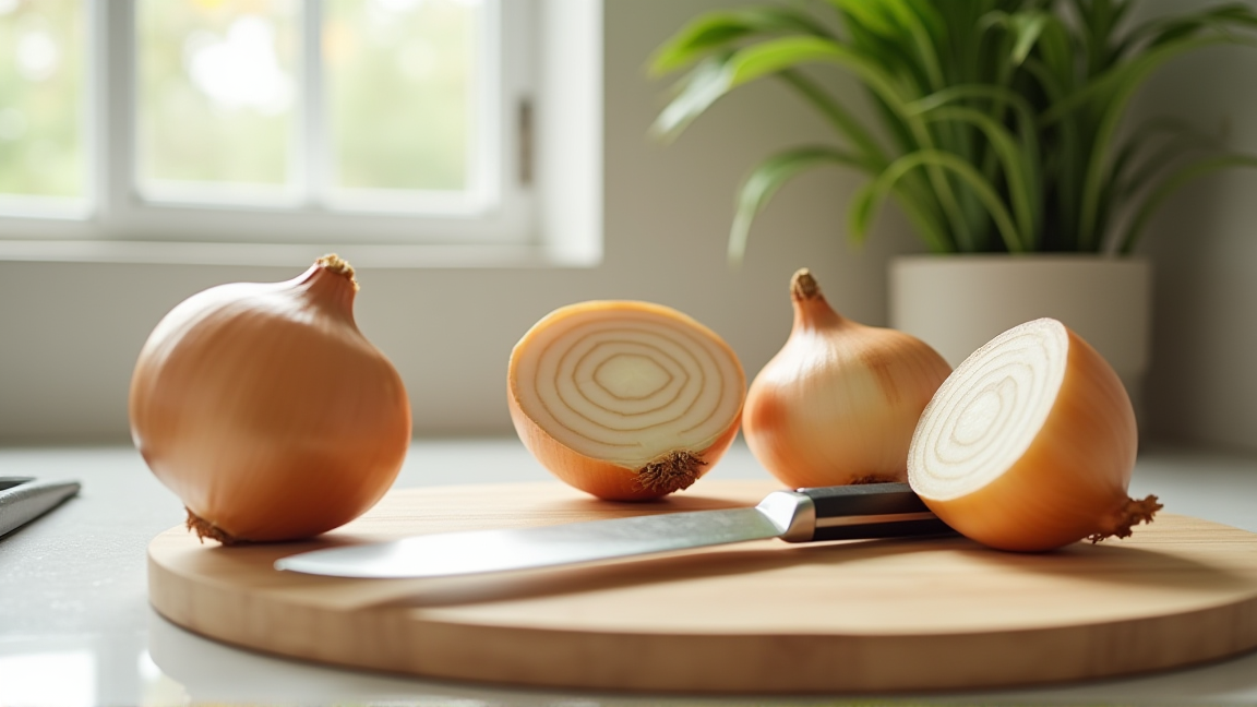 キッチンカウンターに並んだ玉ねぎとまな板と包丁の様子