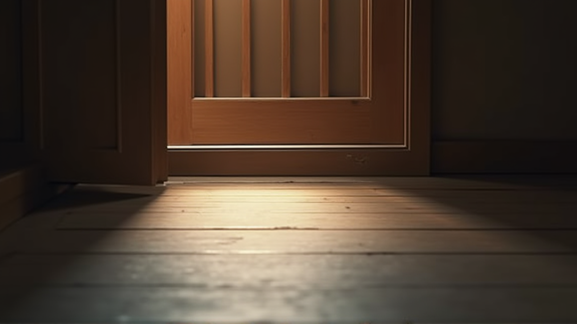 日本家屋の玄関ドア下部の隙間を点検している様子