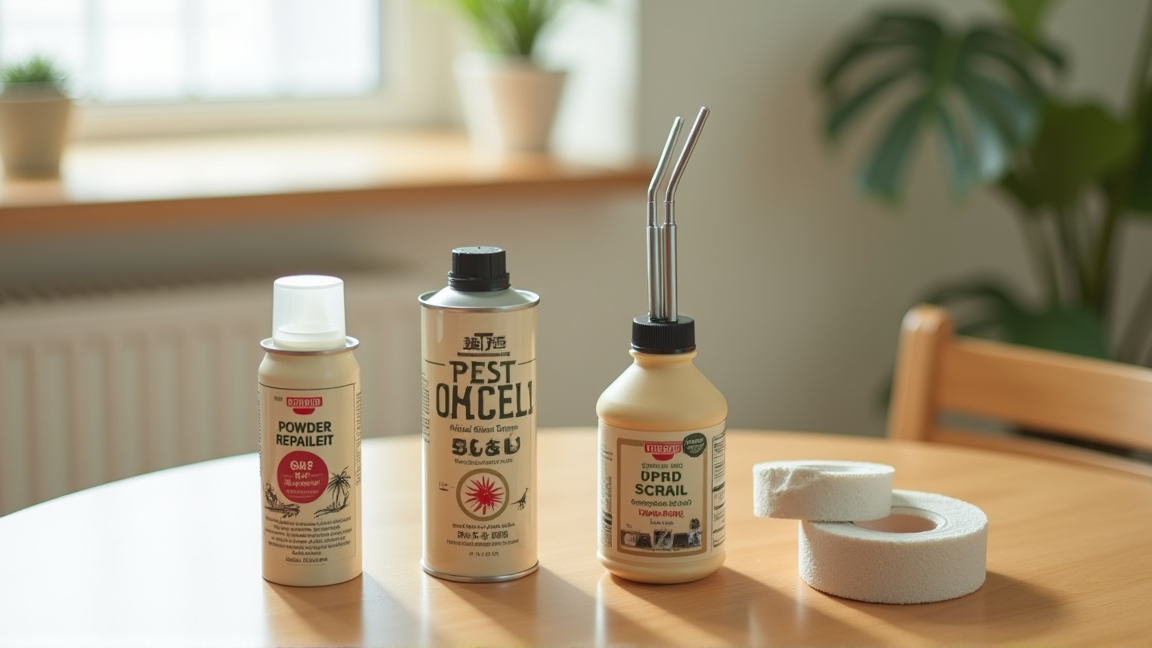 ムカデ対策グッズが並んだテーブルの様子