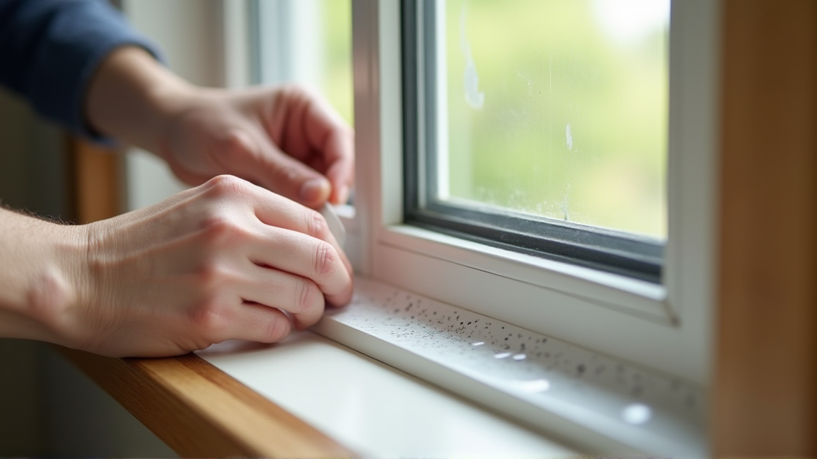 窓のサッシに隙間テープを貼って対策している手元