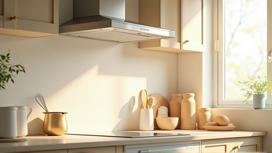 清潔な換気扇があるすっきりしたキッチン全景