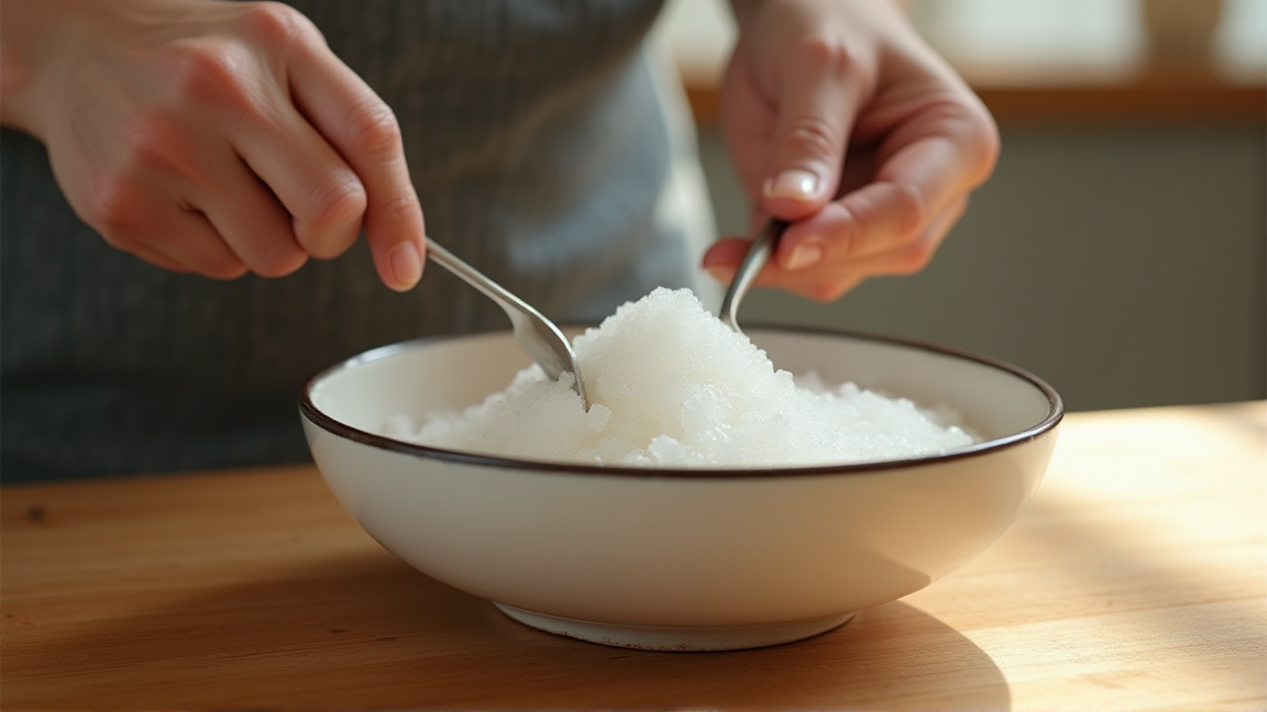 固まった砂糖をフォークでほぐしている手元